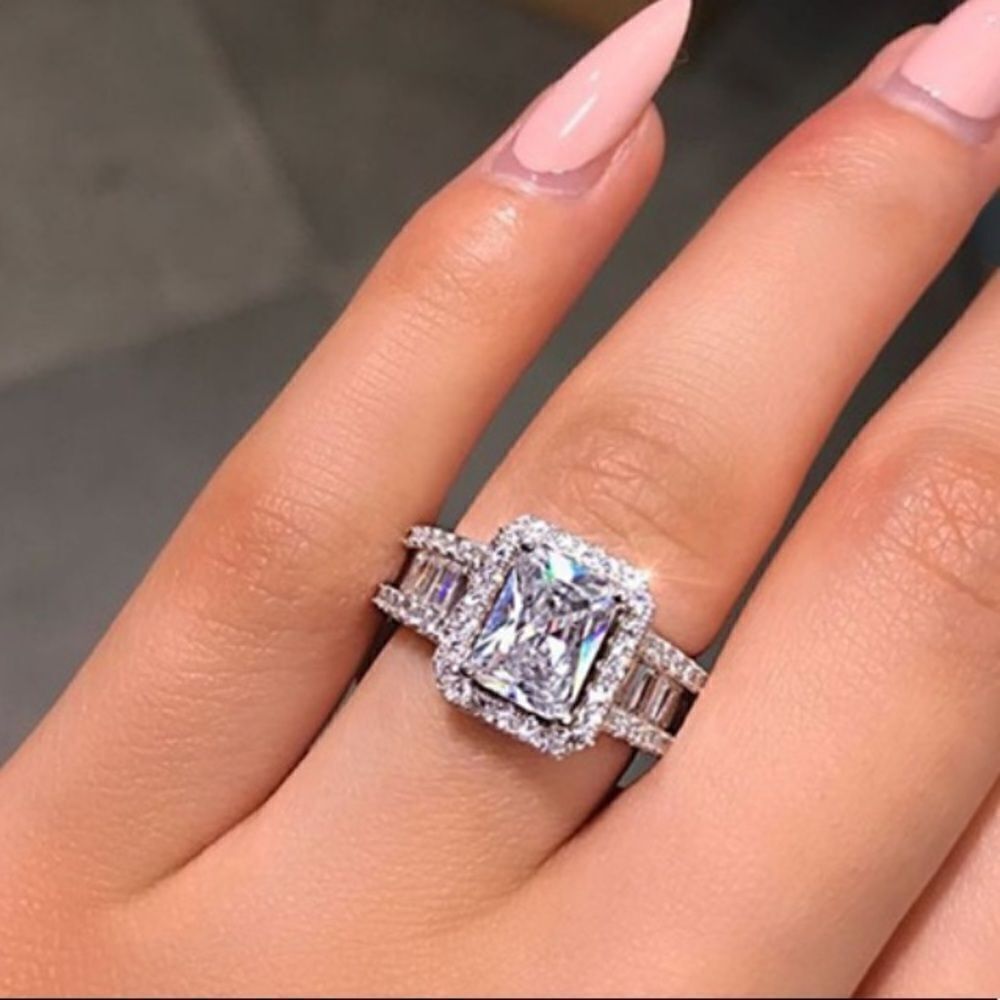 Emerald Cut  & Baguette Diamond Halo Sterling Wedding Engagement Ring